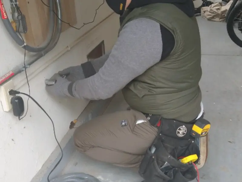 Electrician performing outlet wiring in a Weston garage
